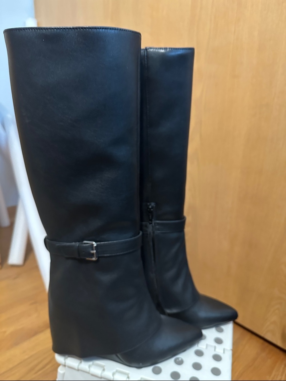 a new day Black Knee-High Wedge Boots with Buckle Detail